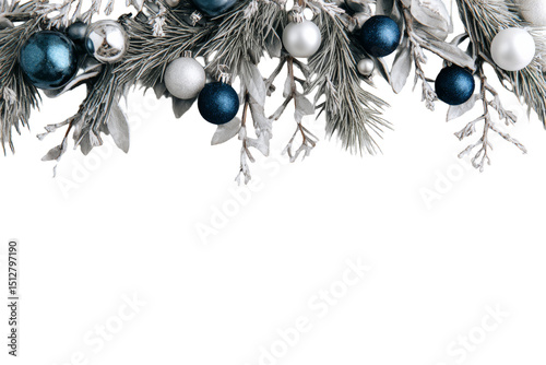 Elegant arrangement of Christmas ornaments and frosted pine branches, festive holiday design.