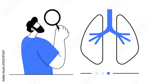Man holding magnifier focused on lungs diagram representing medical research, diagnosis, and treatment. Ideal for healthcare, medical education, pulmonology, respiratory care, therapy, prevention