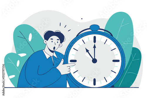 A surprised man points to a large clock showing late morning, symbolizing time management, deadlines, or running late.