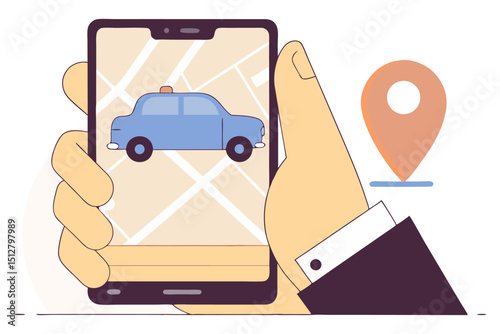 A hand holds a smartphone displaying a map with a taxi icon, next to a location pin, symbolizing ride-sharing, taxi service, or navigation apps.