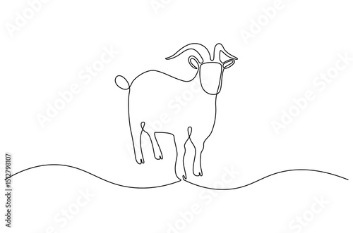 Continuous one line drawing of Goat. Single line drawing illustration of Muslim holiday sacrificing animals to God. Eid Al Adha Banner concept vector art. Doodle line illustration.