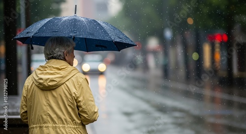 Elderly woman in a yellow jacket holding a blue umbrella walks along a city street during a heavy rain shower. Rear view of a senior citizen braving the wet weather.