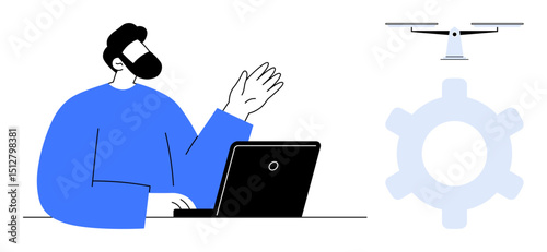 Person using a laptop while interacting with a drone and gear. Ideal for innovation, automation, remote work, tech solutions, robotics, engineering, teamwork. Flat simple metaphor
