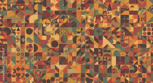Colorful geometric pattern with various shapes in warm tones  