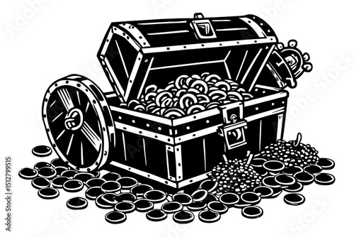A detailed black and white line art illustration of an open, overflowing treasure chest filled with coins and jewels, accompanied by a ship's wheel and scattered coins, evoking piracy or discovery.