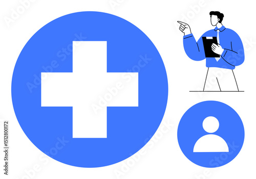 Blue medical cross next to user profile icon and a professional holding a clipboard, pointing. Ideal for healthcare, medical assistance, consultation, insurance, teamwork, education, flat simple