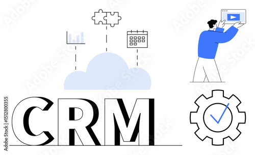 CRM text with cloud, analytics graph, calendar, puzzle pieces, gear, and individual interacting with technology. Ideal for business management, automation, organization analytics teamwork cloud