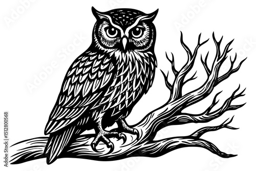 A highly detailed black and white illustration of a wise owl perched on a bare, gnarled tree branch, symbolizing wisdom, night, or nature.