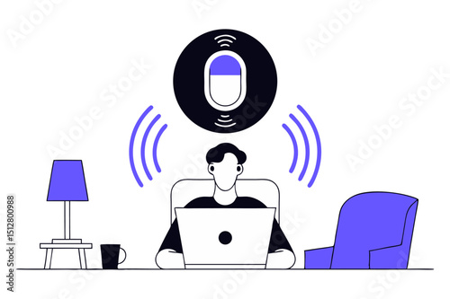 A person sitting at a desk with a laptop, wearing earbuds, with a prominent microphone icon emitting sound waves above, symbolizing online communication, podcasting, or voice control.