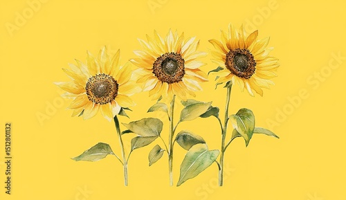 Three Sunflowers Against Yellow Background