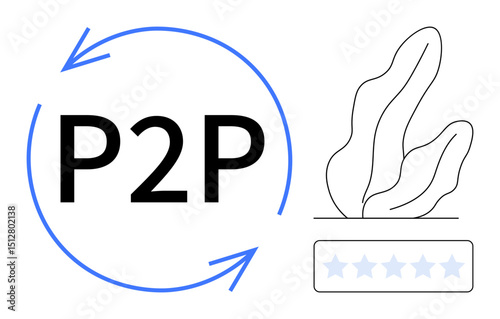 P2P text surrounded by arrows, abstract leaf illustration, and 5-star rating system. Ideal for digital platforms, collaboration, connectivity, feedback, trust, sharing economy simple landing page