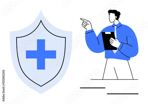 Person holding a clipboard points toward a shield with a medical cross. Ideal for healthcare, insurance, medical advice, safety, wellness, protection, teamwork concepts. Flat simple metaphor