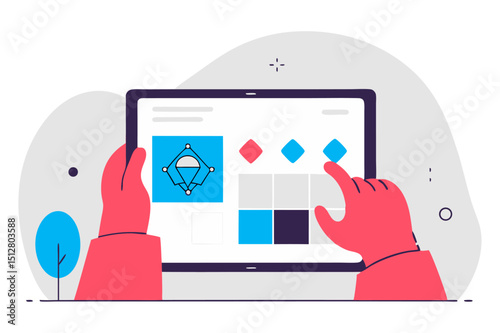 Hands interacting with a tablet displaying a user interface with design elements and geometric shapes, symbolizing interaction design, UI/UX, or digital creativity.