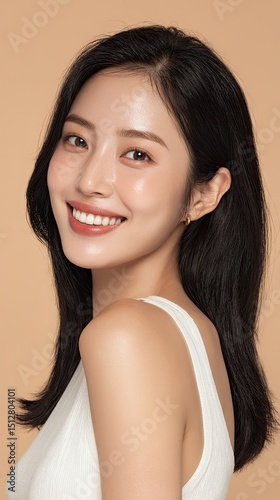 Beauty portrait of young Asian woman with tied black hair and glowing skin, smiling softly

