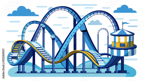 A vibrant blue roller coaster with yellow tracks and intricate loops, set against a cloudy sky with a striped carnival tower, symbolizing amusement parks, thrills, or excitement.