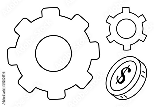 Gear mechanisms of different sizes paired with a coin featuring a dollar sign. Ideal for finance, technology, business efficiency, operational strategy, innovation, process automation, simple landing
