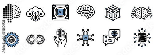 Vector icon set of artificial intelligence and technology symbols including brains, circuits, AI chips, neural networks, data nodes, and automation gear, in outlined and filled styles with blue accent