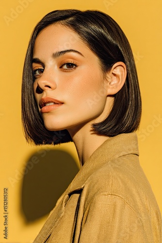 Latina Woman with Short Hair in Neutral Fashion on Yellow Background