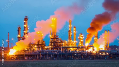 Industrial facility emits fumes and flames at night in vibrant blue backdrop