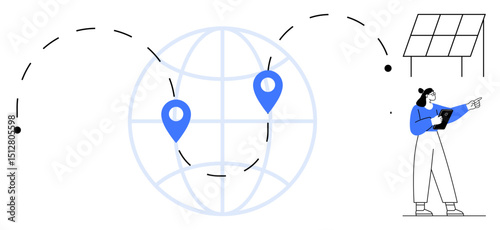 Globe with location markers connected by dashed lines, solar panel, professional pointing and analyzing. Ideal for renewable energy, global communication, sustainability, technology, business