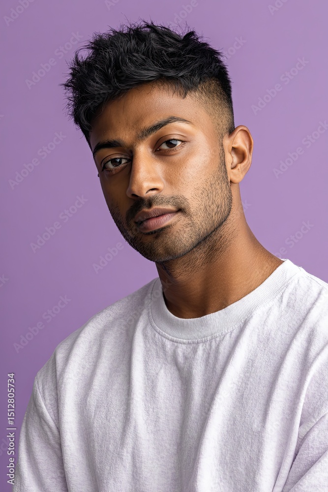 Fototapeta premium South Asian Man with Tousled Hair in Light T-Shirt