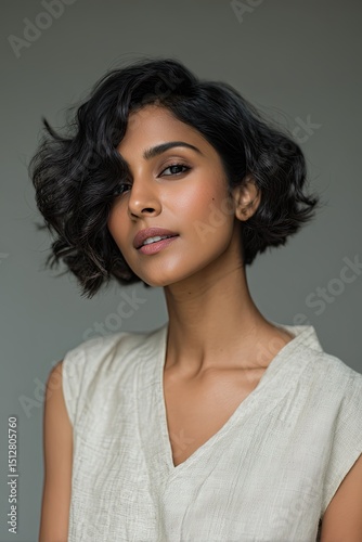 South Asian Woman with Short Wavy Hair in Minimal Style
