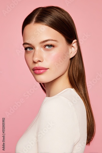 Half-length portrait of white woman with sleek side-parted straight hair on pale pink background