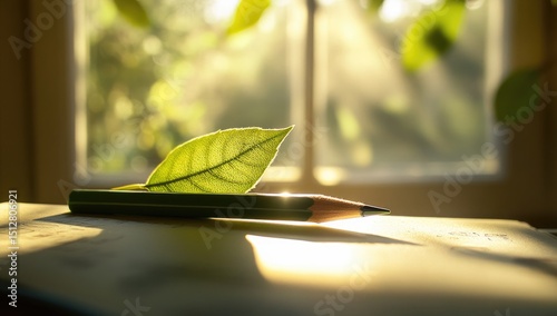 Sunlight streams through a window, illuminating a single leaf and a pencil on a paper surface