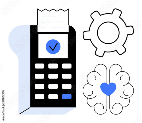 Payment terminal with receipt, gear for process, and brain with heart symbol. Ideal for innovation, fintech, technology, automation, emotional design AI creativity. Flat simple metaphor