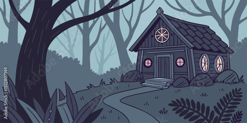 Small wooden house nestled in a mysterious forest with a winding path and glowing windows during twilight