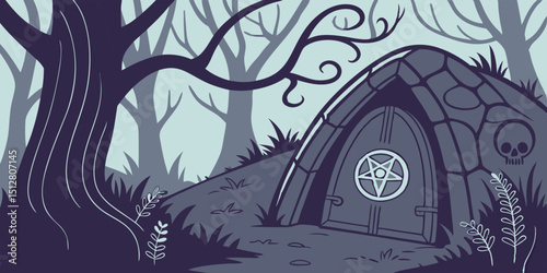 Mysterious stone structure nestled in an eerie forest during twilight hours with dark trees and ominous symbols