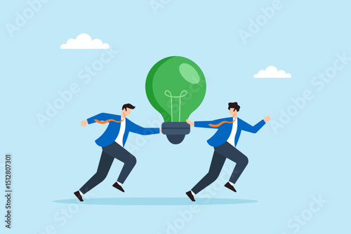 Flat illustration of employees carrying green lightbulb on relay baton run symbolizing shared ESG sustainability effort
