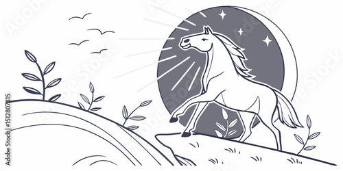 Majestic horse strolling under the sun near a tranquil landscape filled with greenery and birds