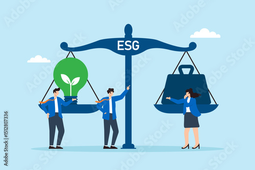 Flat illustration of employees balancing ESG sustainability scale with clean energy bulb and corporate responsibility weight