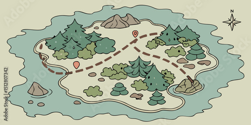 Detailed hand-drawn map illustrating a forested island with pathways and landmarks for outdoor adventures