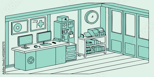 Medical office interior featuring two computers, medical supplies, and organized furniture in a minimalist design
