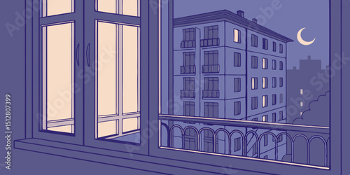 City skyline at night with a view from a window and a crescent moon illuminating the scene
