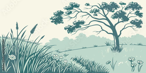Nature landscape featuring a serene tree amidst lush grass and flowers in a tranquil setting