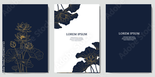 Vector set of lotus flower golden art deco patterns, floral line package labels. Perfume, beauty products, jewelry package, wedding invitations, asian style