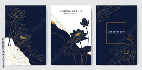Vector set of lotus flower golden art deco patterns, floral line package labels. Perfume, beauty products, jewelry package, wedding invitations, asian style