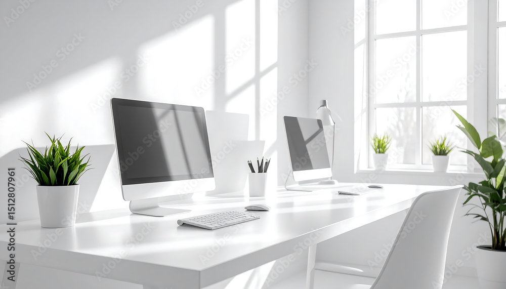 Fototapeta premium Bright, minimalist office workspace with white furniture, dual monitors, and green plants by a sunny window.