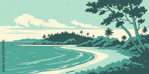Coastal landscape featuring a serene beach and lush greenery under a clear sky during the daytime