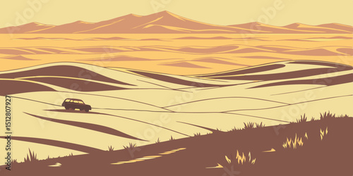 Desert landscape with mountains and a vehicle traveling through rolling sand dunes at sunset