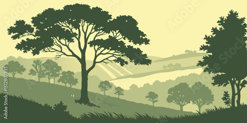 Silhouetted trees against a gradient landscape during dusk in a serene natural setting