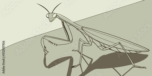 Detailed illustration of a mantis perched on a surface showcasing its unique features and shadows
