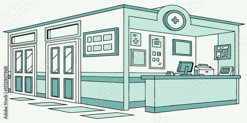 Medical reception area with desk and informational displays in a clean and organized setting