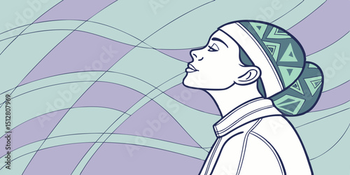 Woman in profile wearing a patterned headscarf against a colorful abstract background with flowing lines and soft shapes