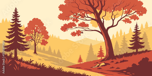 Vibrant autumn landscape with colorful trees and mountains in the background at sunset