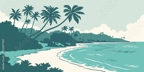 Tropical shoreline with palm trees and gentle waves at sunset near a quiet beach