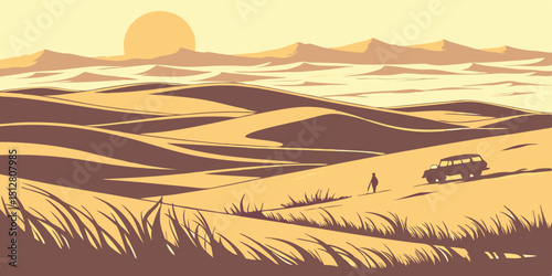 Desert landscape with a silhouette of a vehicle and a traveler during sunset